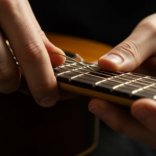 Guitarist stretching new guitar string for better tuning.