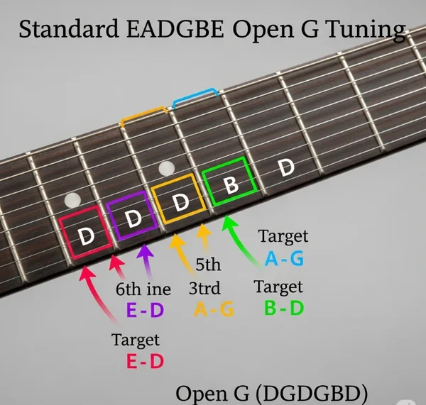 Manche de guitare montrant les changements de cordes de l’accordage Open G DGDGBD
