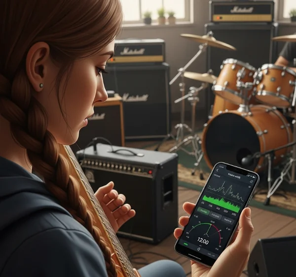 Guitarist in noisy room finds quiet spot for online tuning.