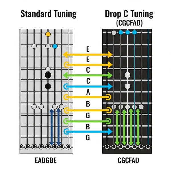 Guitar neck showing Drop C CGCFAD vs standard EADGBE notes