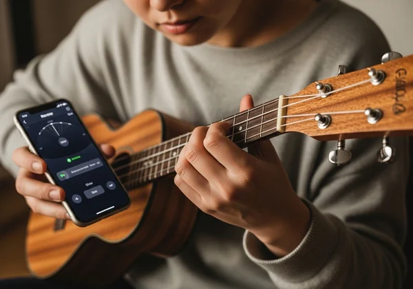 Frustrated ukulele player tuning their instrument.
