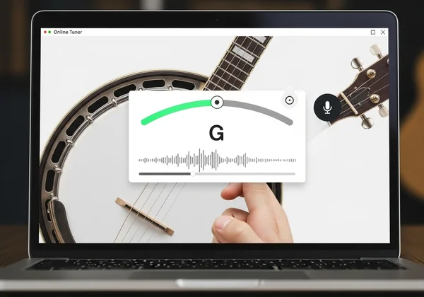 Online banjo tuner interface on a laptop screen, with notes