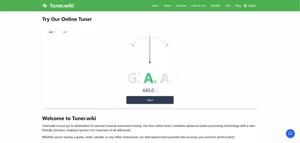 Screenshot of Tuner.wiki showcasing the online guitar tuner interface.