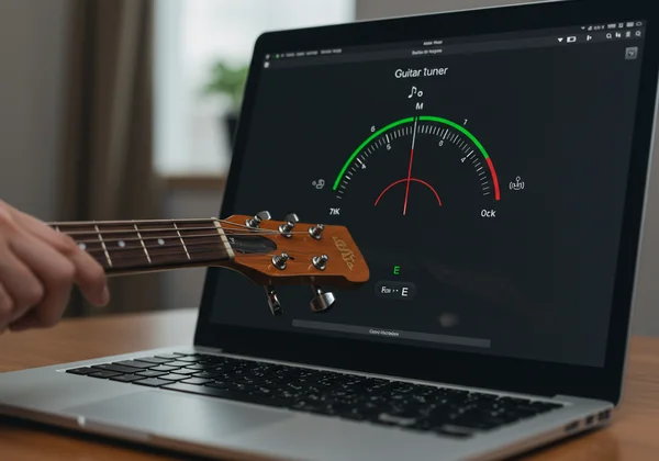 Screenshot of a modern online guitar tuner interface in use