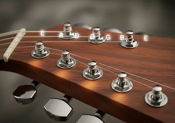 A guitar headstock showing tuning pegs and standard notes.