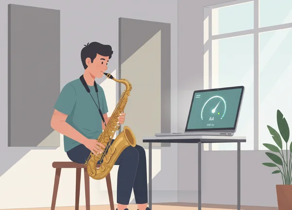 Musician using an online tuner for a wind instrument