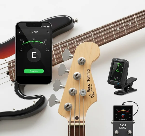 Basgitaar met online, clip-on & pedaal stemmers.