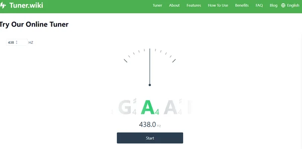 Online bas stemmer interface die een nauwkeurige E-noot weergeeft.