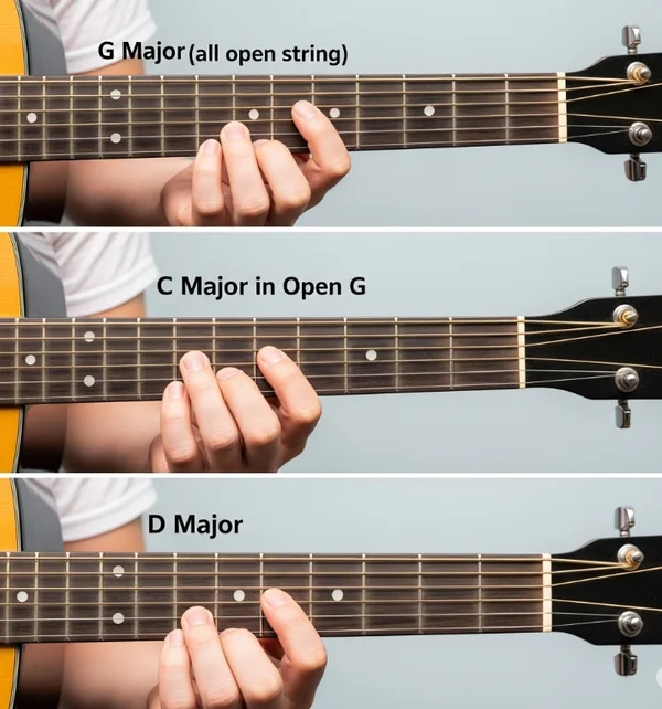 Open G guitar chord diagrams for G, C, and D major