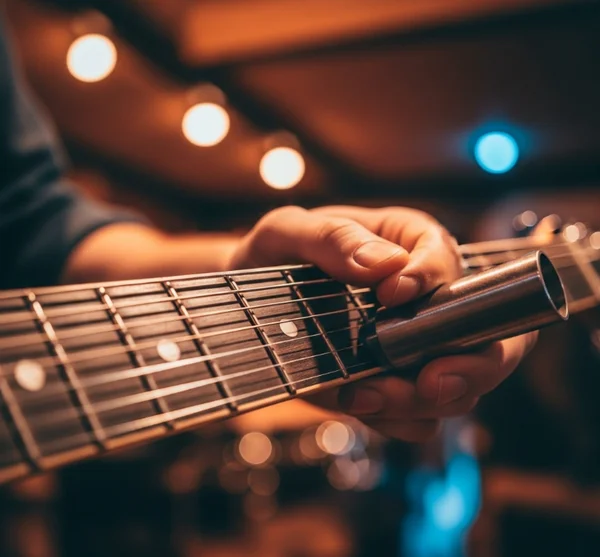 Close-up of slide guitar playing in Open G tuning