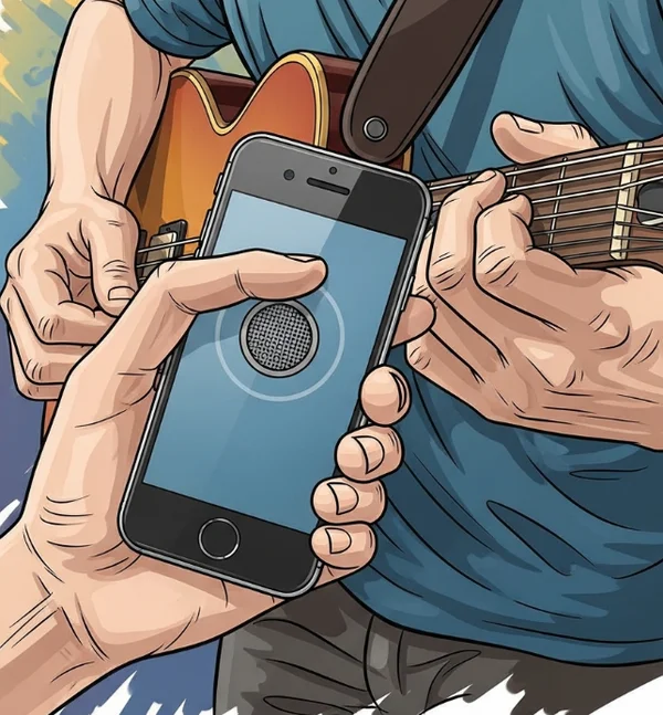Hand shields phone mic for guitar tuning amidst noise.