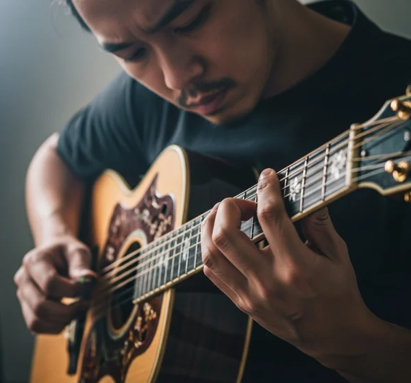 Fingerstyle guitarist playing intricate DADGAD tuning piece