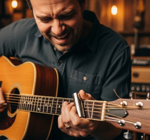 Guitarist playing slide guitar with Open D DADF#AD tuning