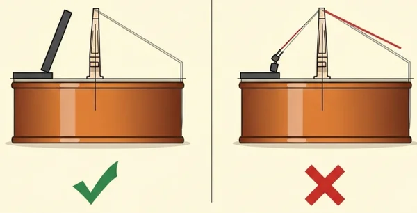 Violin bridge correct vs incorrect position diagram for tuning.