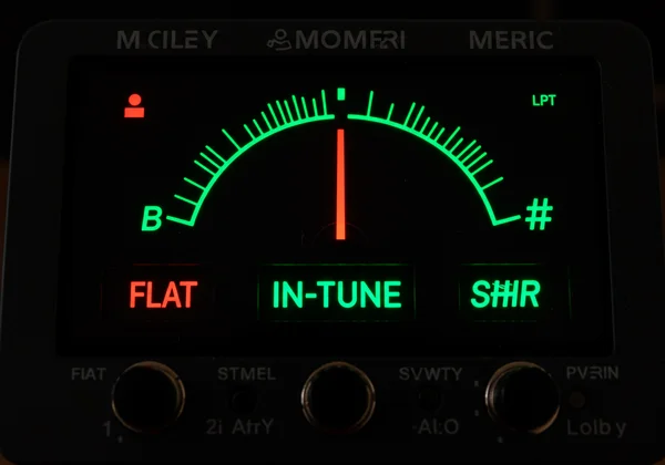 Tuner needle showing flat, in-tune, and sharp states clearly
