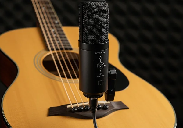 External USB microphone near a guitar soundhole.