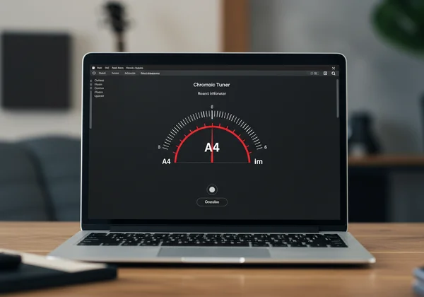 Online chromatic tuner interface showing a note in tune