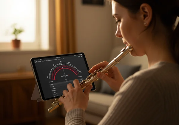 Musician tuning a wind instrument with a tablet tuner