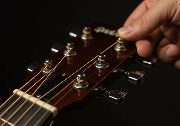 Close-up of a guitar headstock with labeled tuning pegs