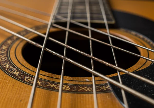 Close-up of old, rusty and grimy guitar strings.