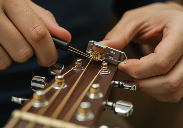 Winding a new string onto an acoustic guitar tuning peg.