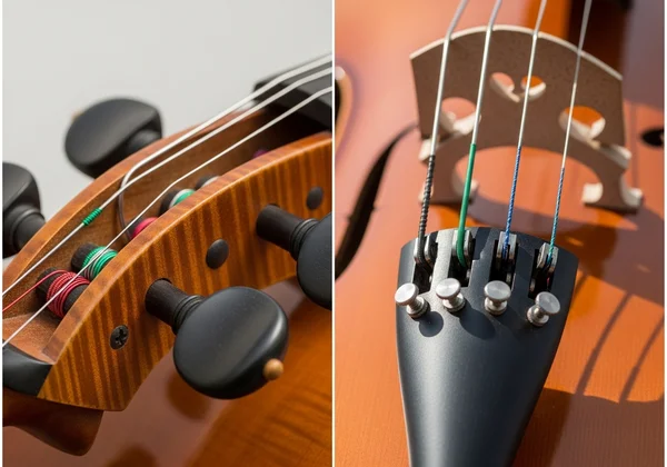Close-up of cello tuning pegs and tailpiece fine tuners.