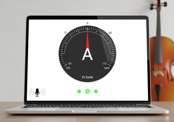 A visual of a digital online cello tuner interface.
