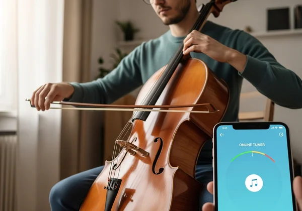Person tuning a cello with an online tuner on a device.