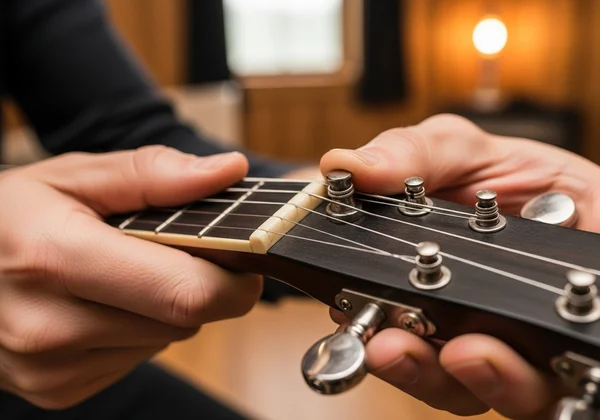 Hands adjusting a banjo tuning peg for Open G tuning