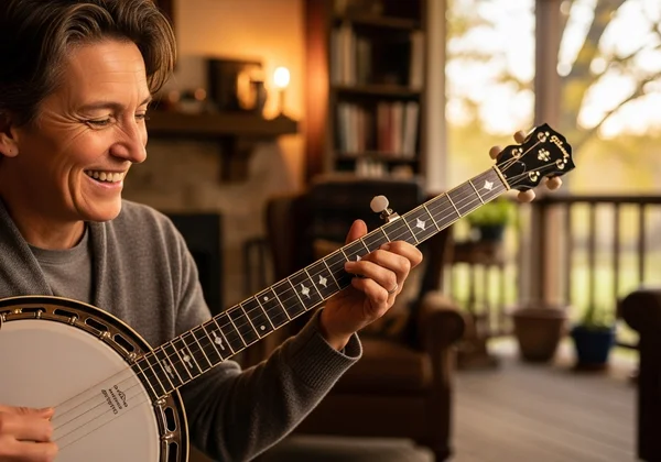 A person happily playing a perfectly tuned banjo