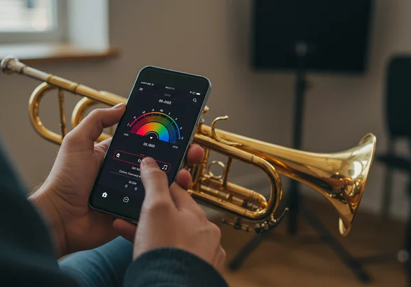 Person tuning a brass instrument with an online tuner app