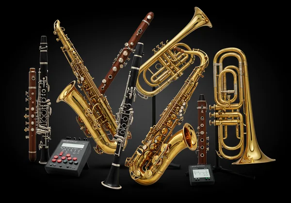 Diverse wind and brass instruments being tuned