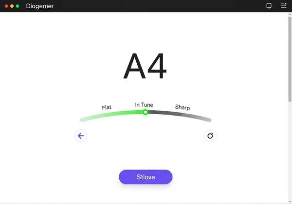 Online tuner display showing a note, needle, and in-tune indicator